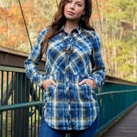 Ryan Michael Tops - Ryan Michael Moss Embroidered Plaid Tunic H10765